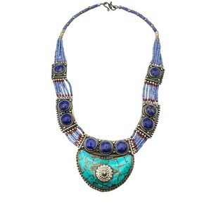 Vintage Sterling 925 Southwest Turquoise Lapis Bib Necklace Silver Squash Bloss